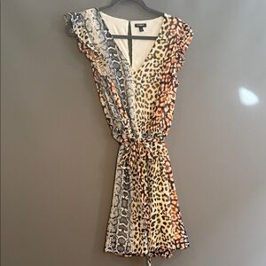 Express Multi Animal Print V-Neck Tie-Waist Mini Dress - Beige, Black, Brown